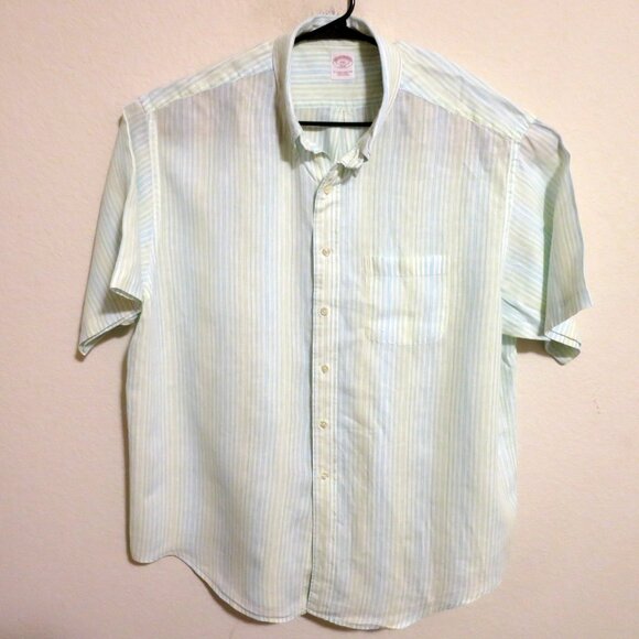 Brooks Brothers Shirt Mens 2XL Short Sleeve Button Linen White Green Striped - Picture 2 of 5